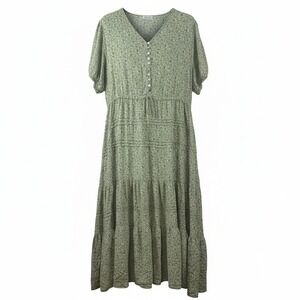 Sweet Salt Sage Green Ditsy Floral Tiered Midi Dress Size 18 Short Sleeve Pocket